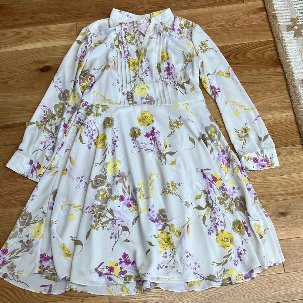 Nannette White Floral Long Sleeve Dress with Yellow & Purple Accents
